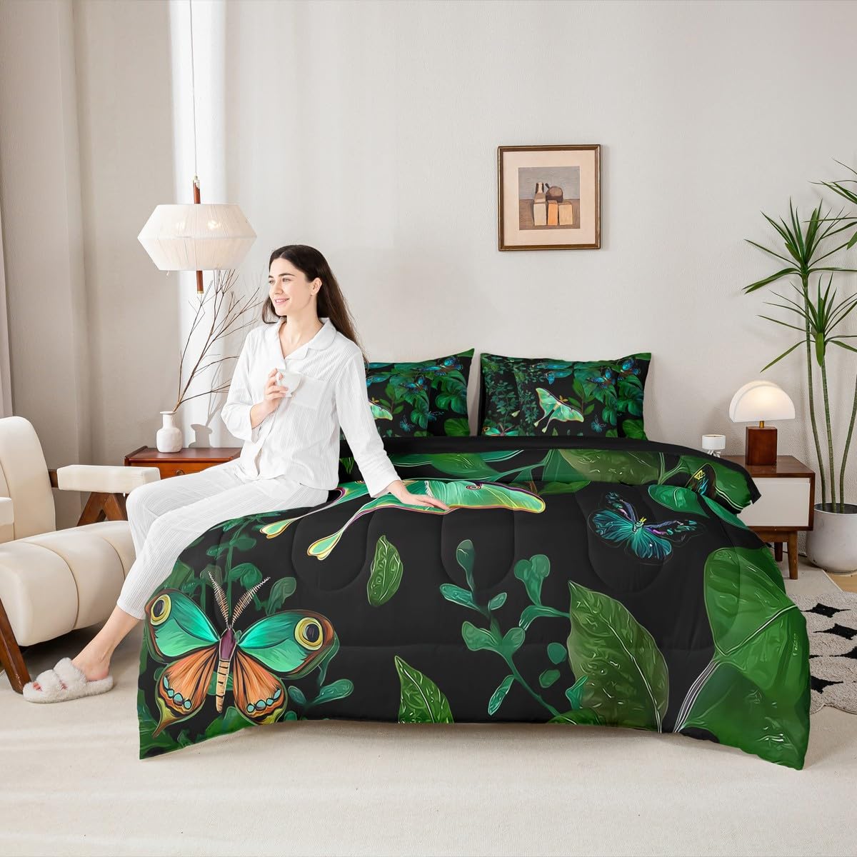 Erosebridal Colorful Butterfly Comforter Set Moth Bed in A Bag Full Size 7 Pieces Palm Leaves Banana Bed Set Hawaiian Tropical Leaves Bedding