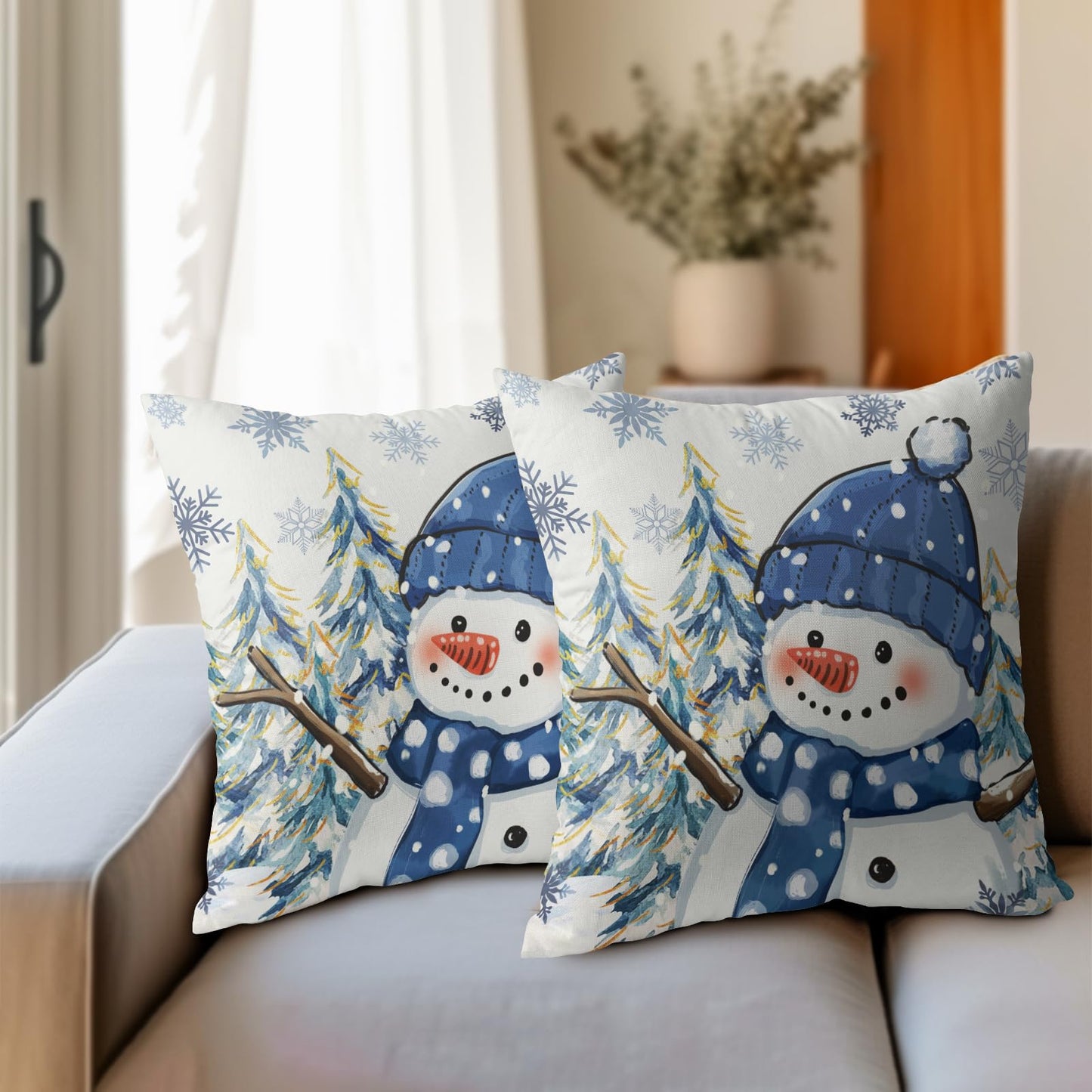 ABSOP Blue Christmas Pillow Covers 18x18 Inch Xmas Snowman Decorative Throw Pillows Set of 2 Winter Snowflake Pillow Cases for Sofa Couch Home Decor