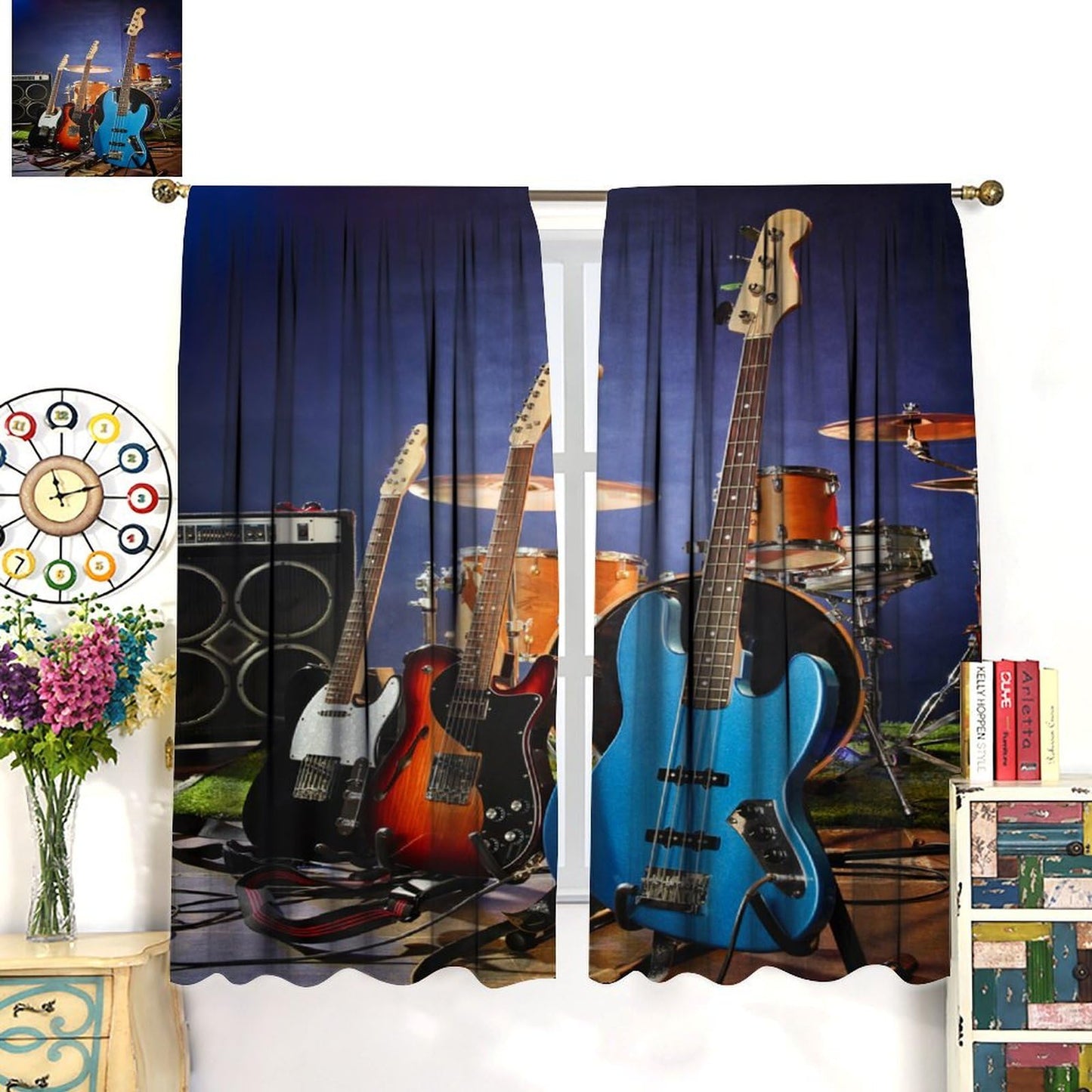 Djaby Music Themed Guitar Curtain, Rock Music Drum Kit Musical Instruments Print Window Drapes for Bedroom Living Room 42" W X 45" L(No Blackout)