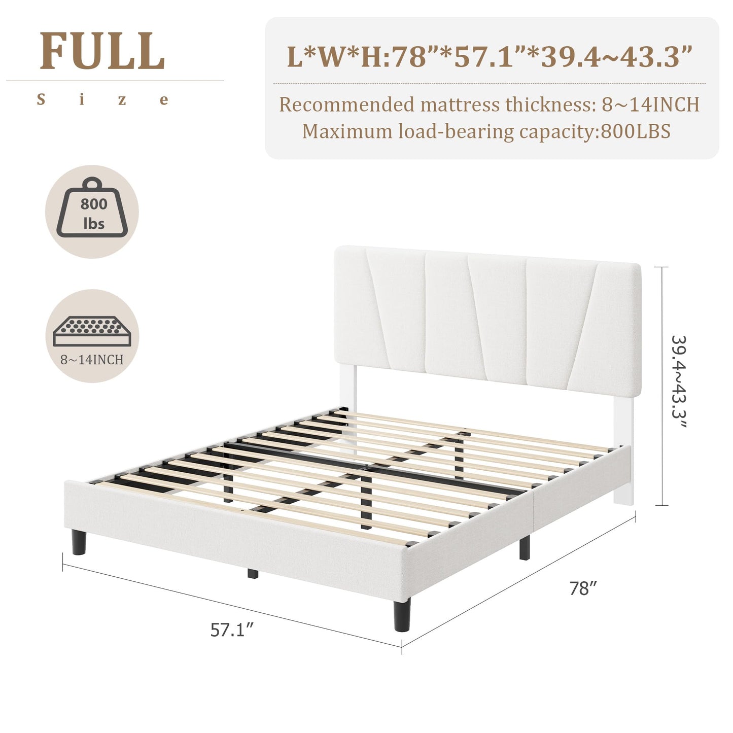 IDEALHOUSE Full Size Bed Frame with Upholstered Headboard, Heavy Duty Platform Bed Frame with Strong Wood Slats, Adjustable Headboard, Noise-Free, No Box Spring Needed, Easy Assembly