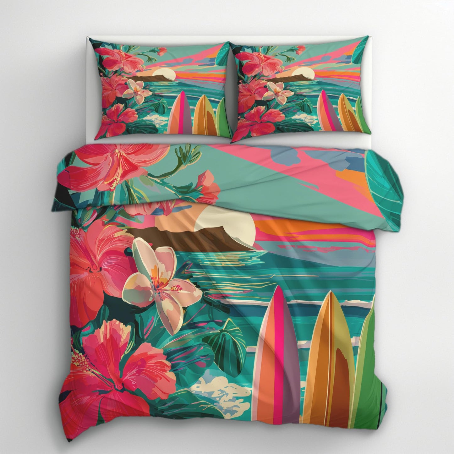 Tropical Beach Full Duvet Cover Set 3 Piece, Hawaiian Hibiscus Surfboard Reversible Bedding with 2 Pillow Shams, Zipper & Ties, Ultra Soft Microfiber, Tropical Bedroom Decorations 29A-W