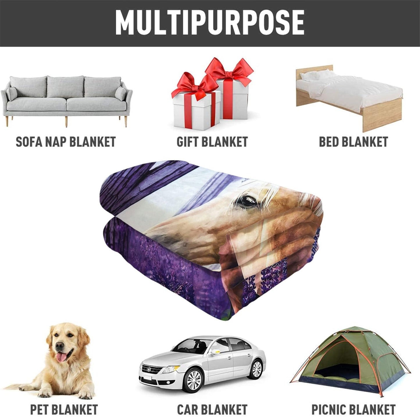 HommomH 60"x80" Palomino Horse Blanket with Purple Lavender, Super Soft Fleece Throw Blankets for Girls Women