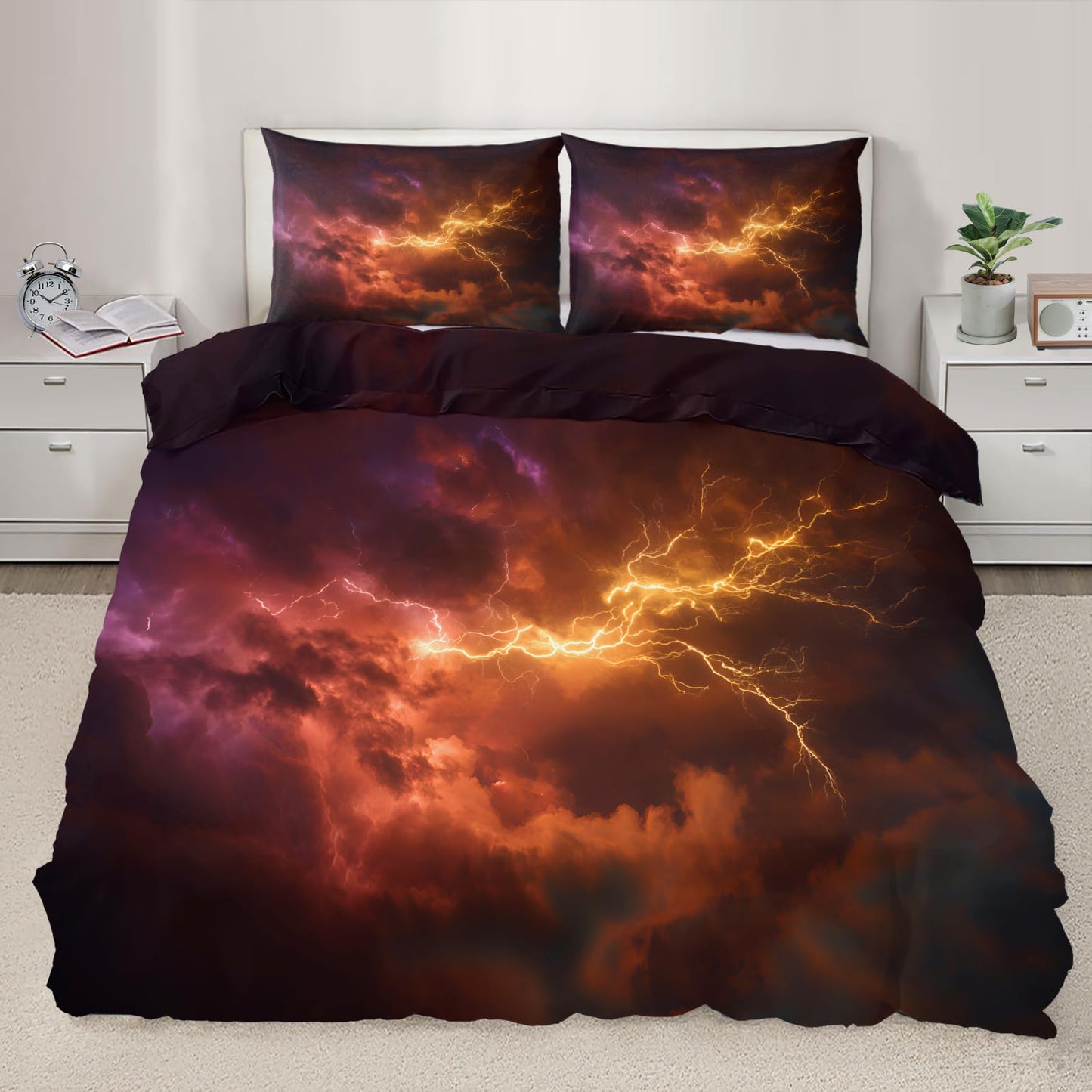 Lightning Duvet Cover Full Size, Cosmic Nebula Comforter Cover 80" x 90", Golden Lightning Bedding Set with 2 Pillowcases