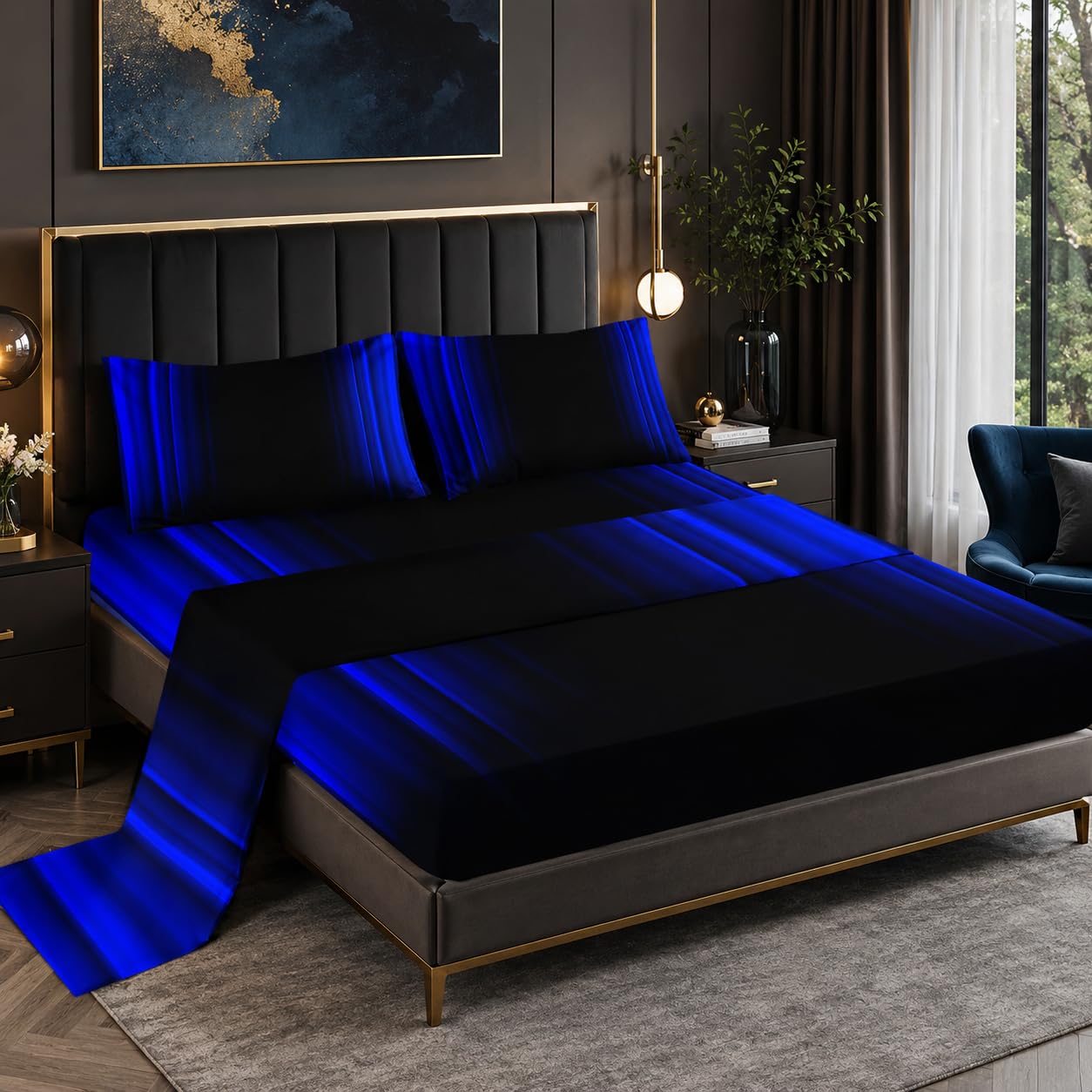 Nttopship Blue and Black 4 Pieces Bed Sheet SetsQUEEN Size Abstract Ombre Bedding Sets with 16" Deep Pockets Abstract Ombre Bedroom Decor,Bedding Set 4 PCS(1 Fitted+1 Flat+2 Pillowcases)