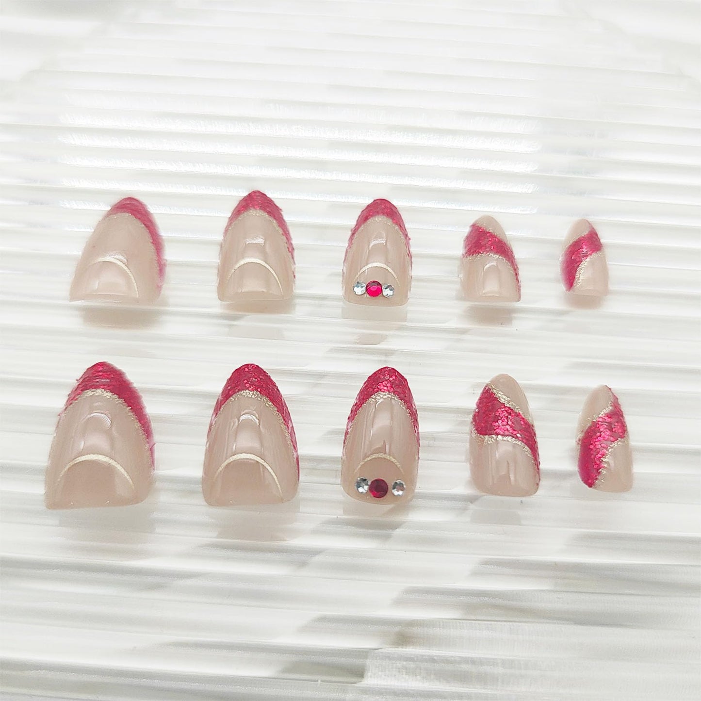 French Tip Press on Nails Short Almond Fake Nails Red Gold Foil Stripes Rhinestone Glitter Stick on Nails Reusable Full Cover with Jelly Glue False Nail for Women 24Pcs