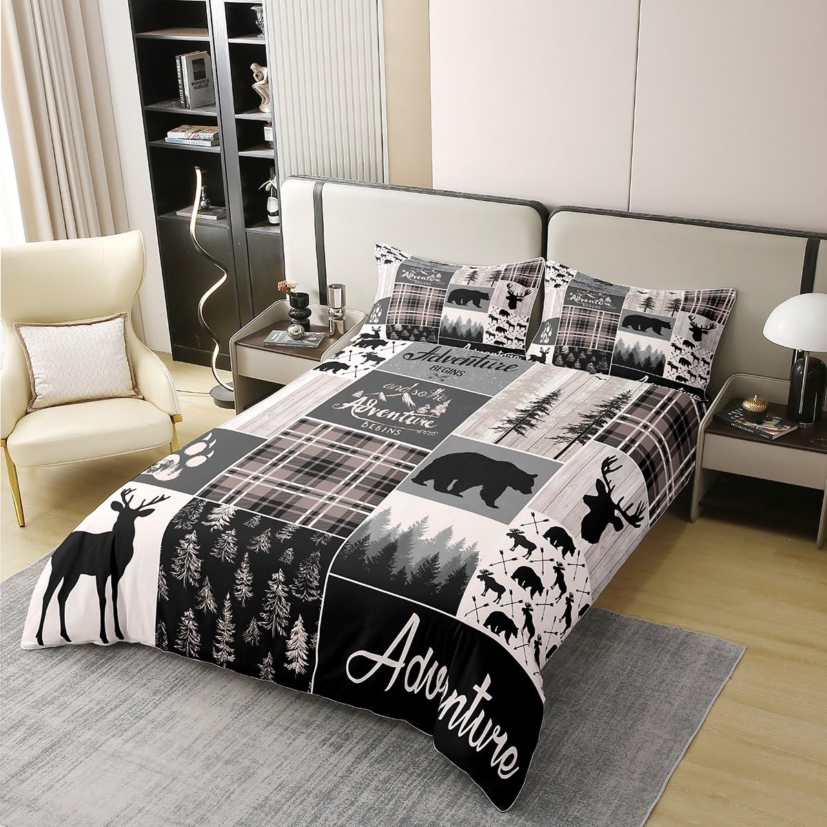 Erosebridal Hunting Bear Deer 100% Cotton Duvet Cover Queen Size for Kids Buffalo Patchwork Comforter Cover Rustic Farmhouse Claw Bedding Set for Boys Teens Men Bedroom Adventure Camping Bedclothes