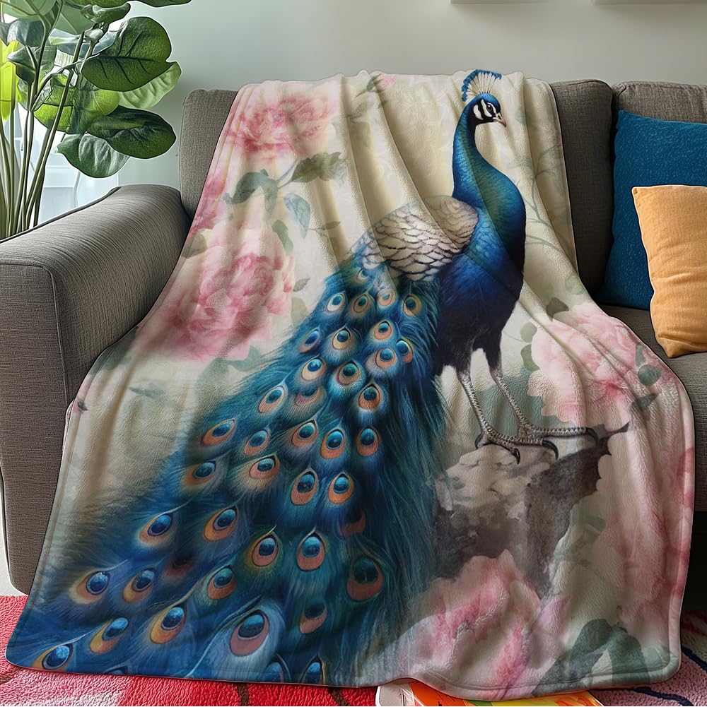 HUNXIAOJ Peacock Throw Blanket for Couch Peacock Themed Decor Animal Print Blanket King Size Soft Warm Flannel for Sofa Bed (50 in x 60 in)