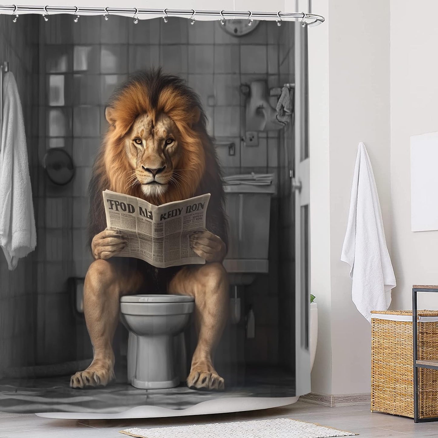 JAWO Funny Shower Curtain Farmhouse Cool Lion Shower Curtains for Bathroom Grey Brown Humor Animal Reading on Toilet Vintage Western Large Cat Bathroom Curtain Polyester Fabric Set Hooks 72X72