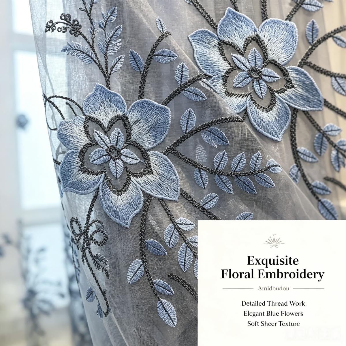 Amidoudou 1 Pair European Double Layer Curtains for Living Room Bedroom Luxury Flower Embroidered Curtains with Valance (Grey,52x95 Inch)