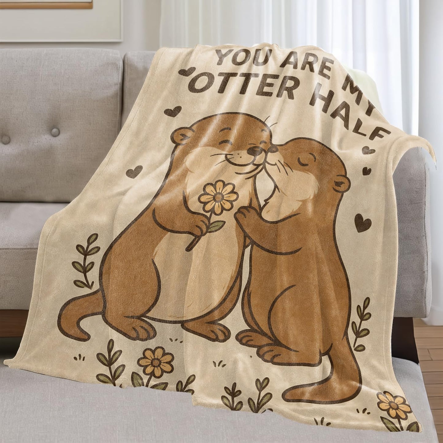 olpddz Cute Otter Flannel Blanket Valentine Gifts for Couple,60x50inch,Romantic Cartoon Animal and Flower Throw Blankets,for Bedroom,Couch,Living Room,Camping,Anniversary Decor Throws