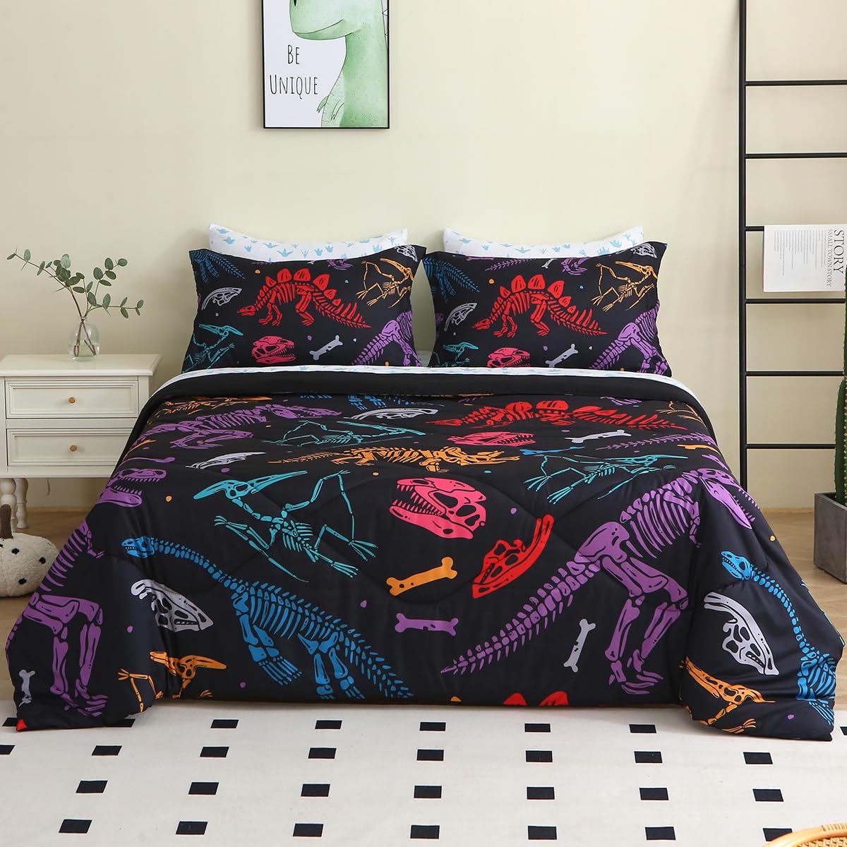Jameswish 7 Piece Boys Dinosaur Comforter Set Twin Size 3D Black Dinosaur Skeleton Bedding Set for Toddler Kids Teens Christmas Birthday Gift
