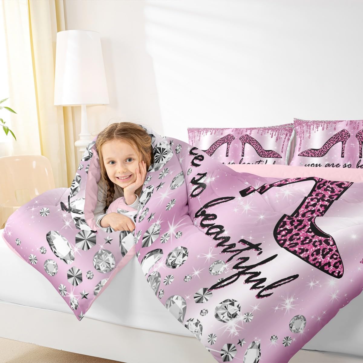 Purple Leopard Glitter Comforter Set Kids Girls Diamond Starry Galaxy Bedding Set Queen Size Sparkling Jewelry Quilt Set for Youth Women Bedroom Decor Modern Romantic High Heels Duvet Insert 3pcs