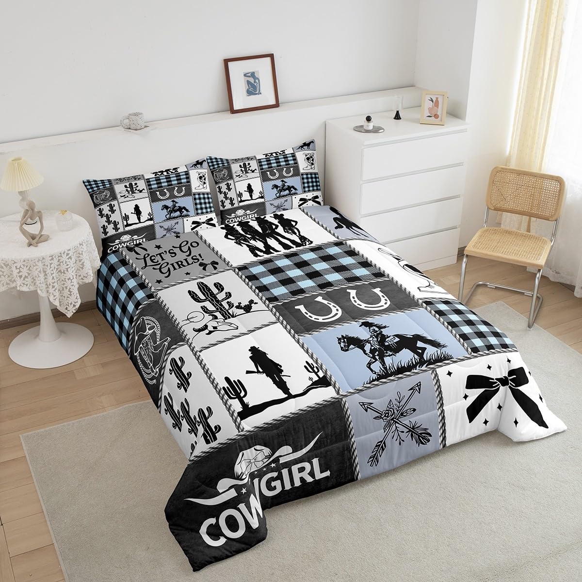 Western Cowgirl Girly Comforter Set Queen Size,Cactus Horseshoe Cow Skull Bow Bedding Set,Girls Women Room Decor,Cowgirl Boot Geometric Plaids Down Comforter,Blue Rustic Duvet Insert,2 Pillowcases