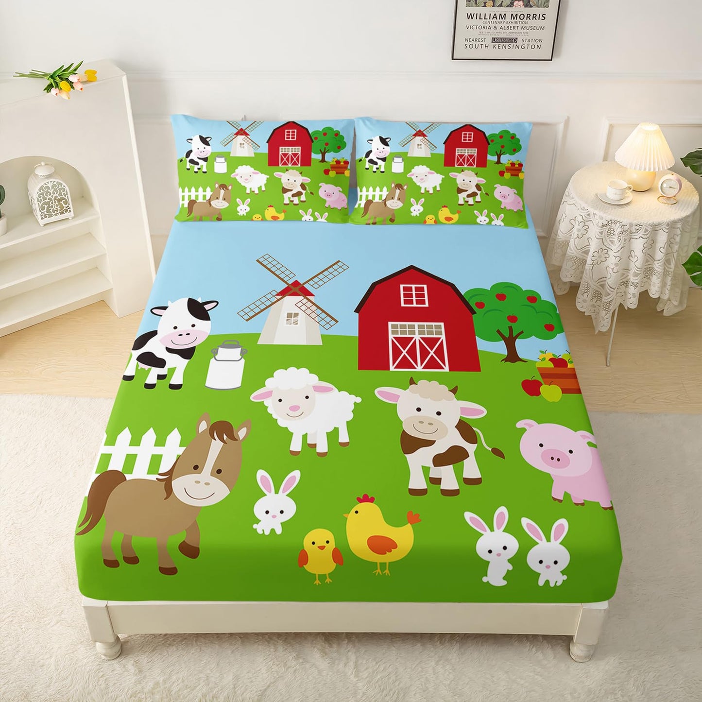 QOOMO Farm Animal Sheet Set,Farmhouse Kids Bed Sheets,Cow Pig Sheep 16" Deep Pocket Bed Sheet Set for Boys/Girls/Kids/Teens，4 Piece Sheet Set, 1 Fitted Sheet,1 Flat Sheet and 2 Pillowcases，Twin Size
