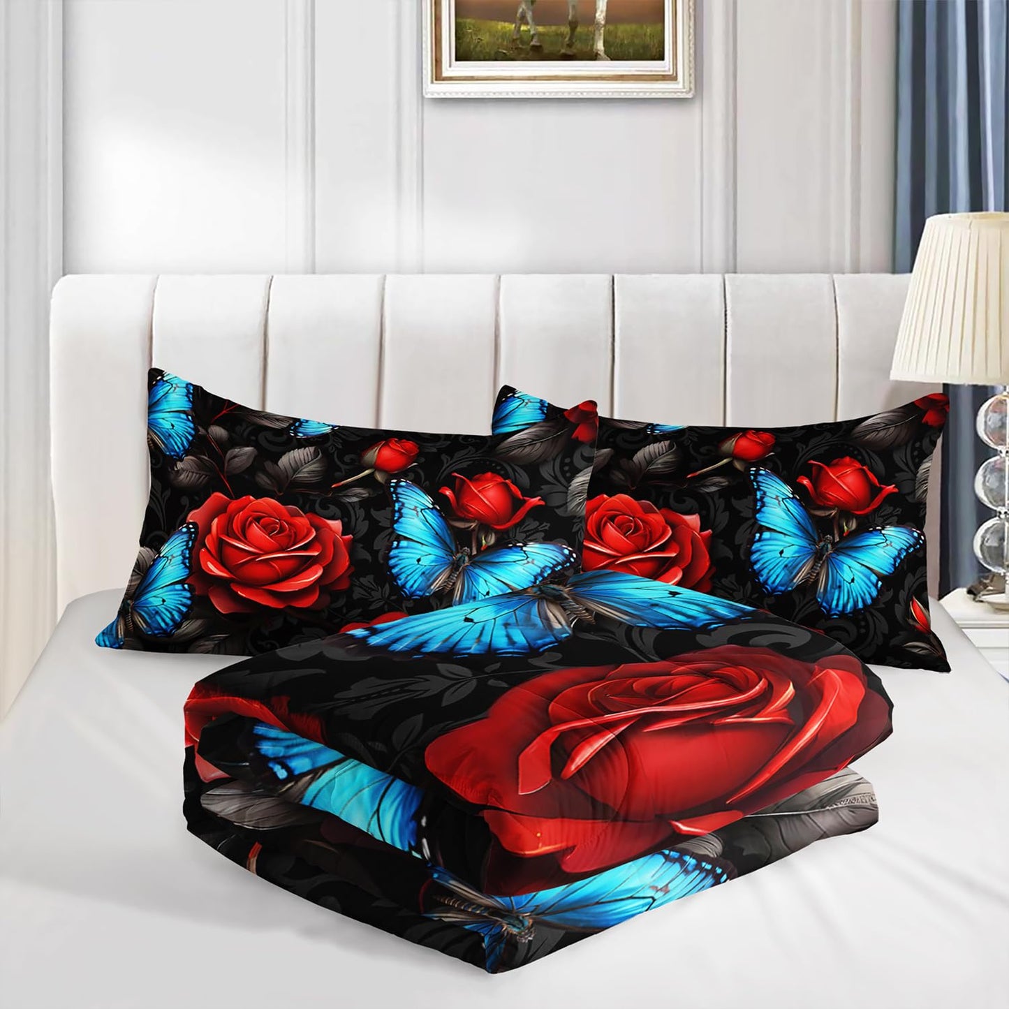 UEVBF Black Red Rose Comforter Sets,Blue Butterfly Comforter Set Twin Bedding Sets for Girls Women Bedroom Decor,Romantic Floral Themed Bedding Soft Lightweight Comforter Sets with 2 Pillowcases.