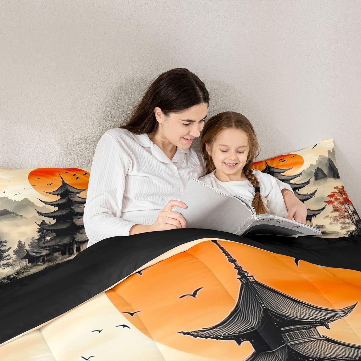 jejeloiu Chinese Ink Painting Bedding Set Soft for Boys Girls, Red Sun Mountain Comforter Set Queen Size Japanese Style Duvet Quilt Microfiber Bedroom Decor 3 Pcs with 2 Pillow Cases