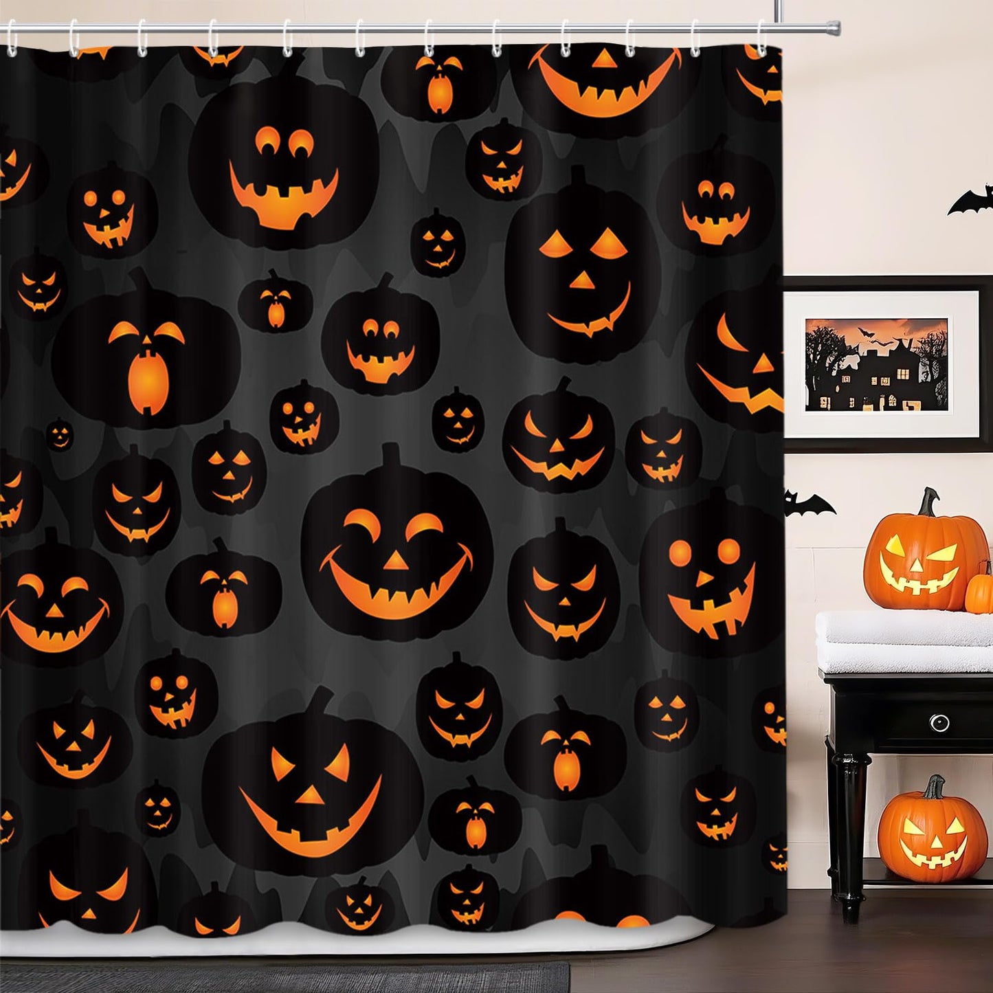MEHOFOND Halloween Pumpkin Shower Curtain Evil Pumpkin Shower Curtain Black Fall Shower Curtains for Bathroom Decor Washable Durable Fabric Shower Curtains 72x72 inch