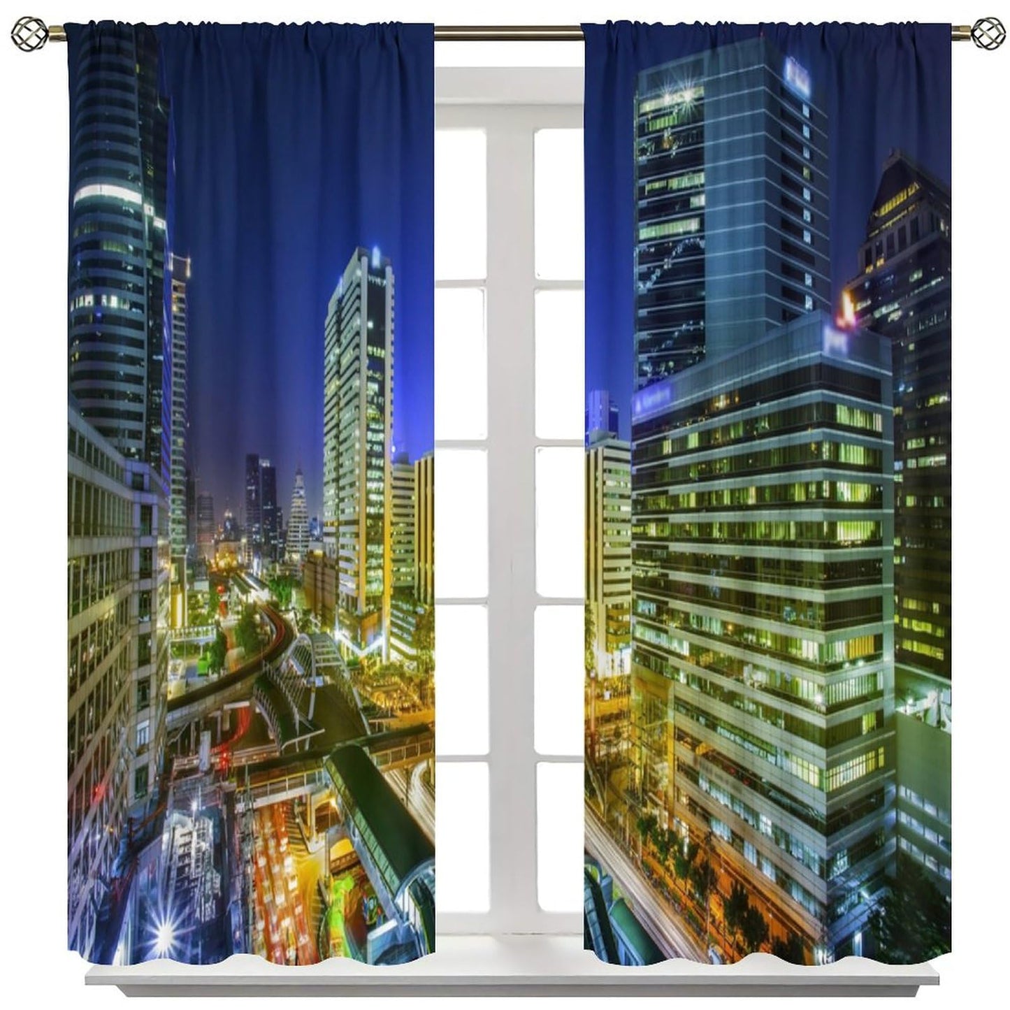 Bangkok City Curtains, Thailand Downtown Night View Modern Building Business Print Window Drapes for Bedroom Living Room, 42" W X 45" L