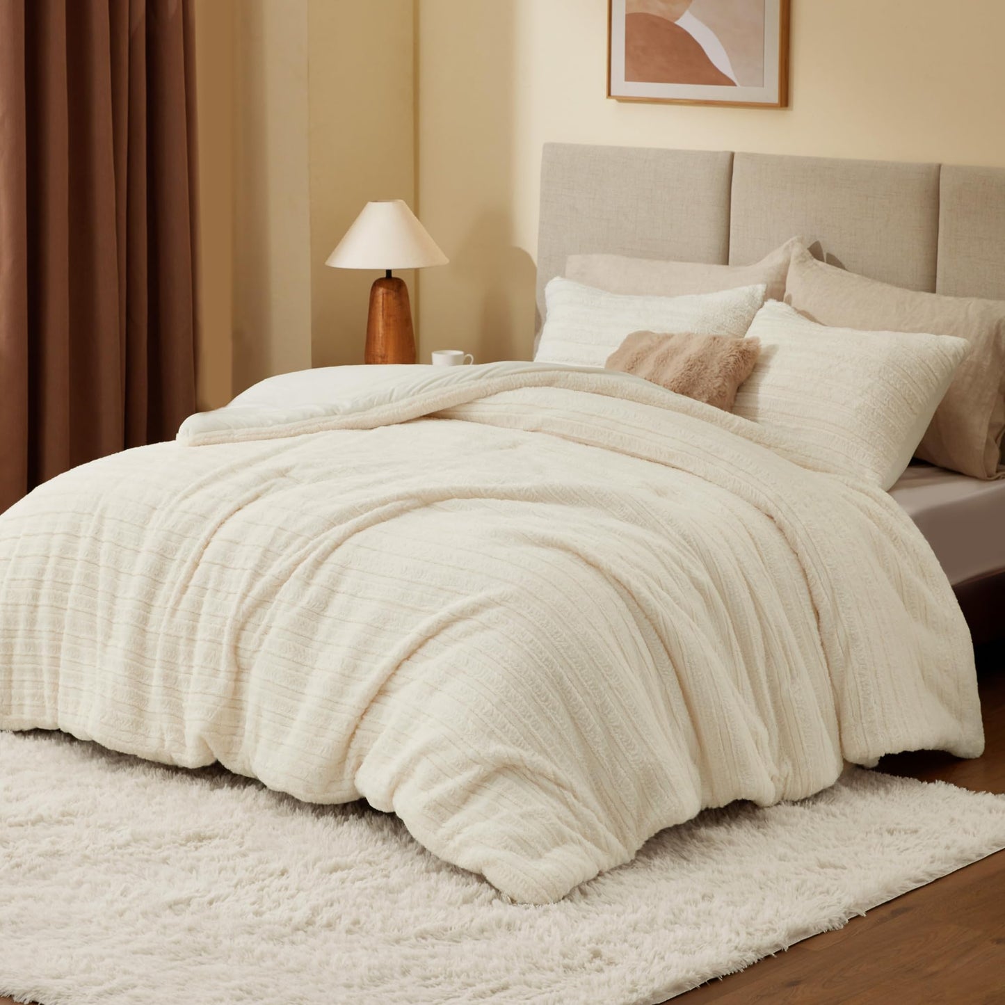 BEDELITE Fleece Queen Comforter Set -Super Soft & Warm Fluffy Cream White Faux Fur Bedding, Luxury Fuzzy Heavy Bed Set for Winter with 2 Pillow Cases