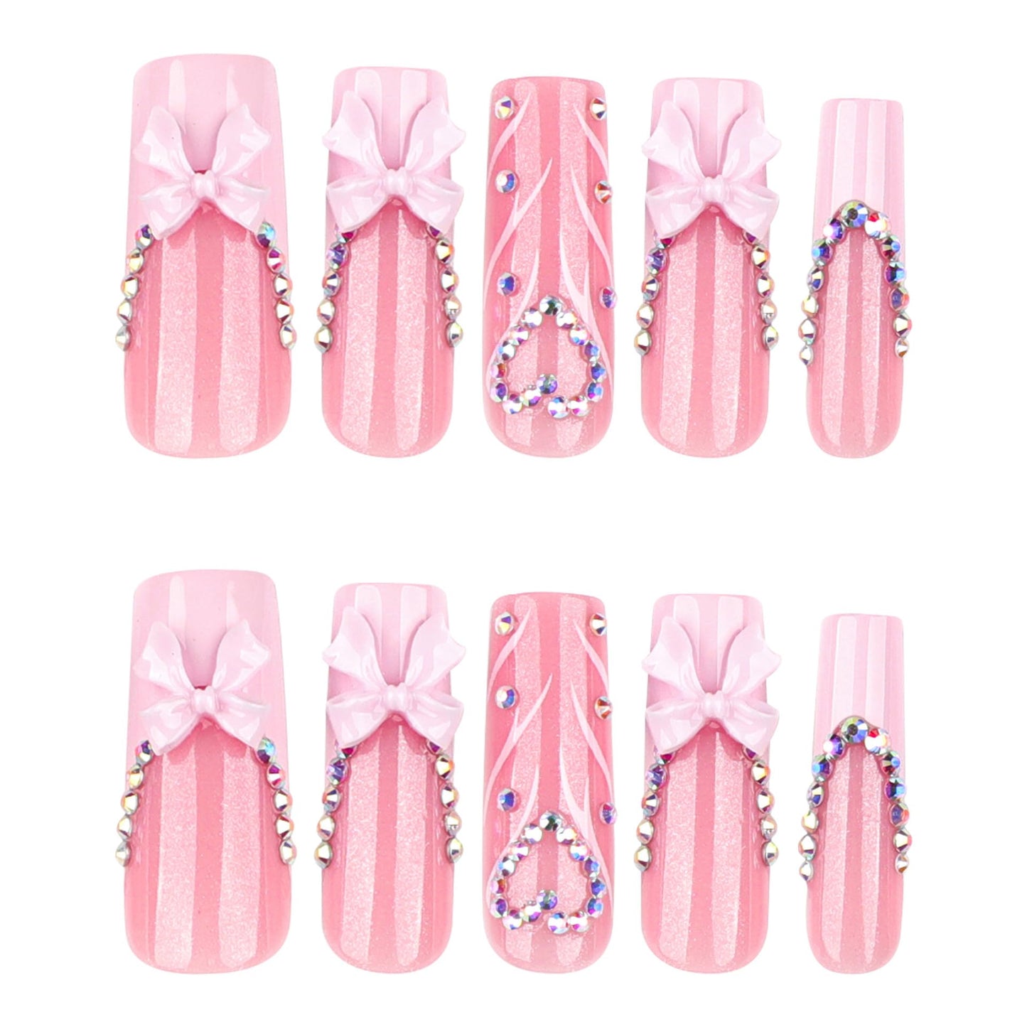 plalely Pink Press on Nails Square Long, Rhinestone Heart Acrylic Press on Nails with Pink Bow Designs，Long Press on Nail for Women 24pcs
