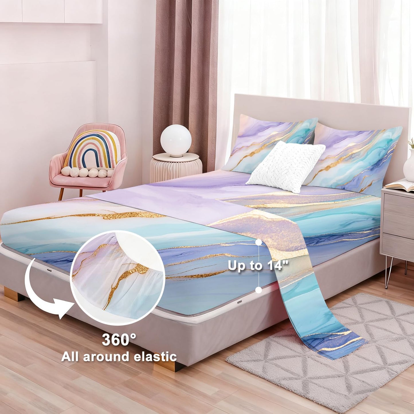 VTKON Pastel Marble Sheets Sets Twin Size Elegant Marbling Fitted Sheet Set Colorful Bed Sheet for Kids Teens Adults Modern Bedspread 1 Fitted Sheet+1 Flat Sheet+1 Pillowcase