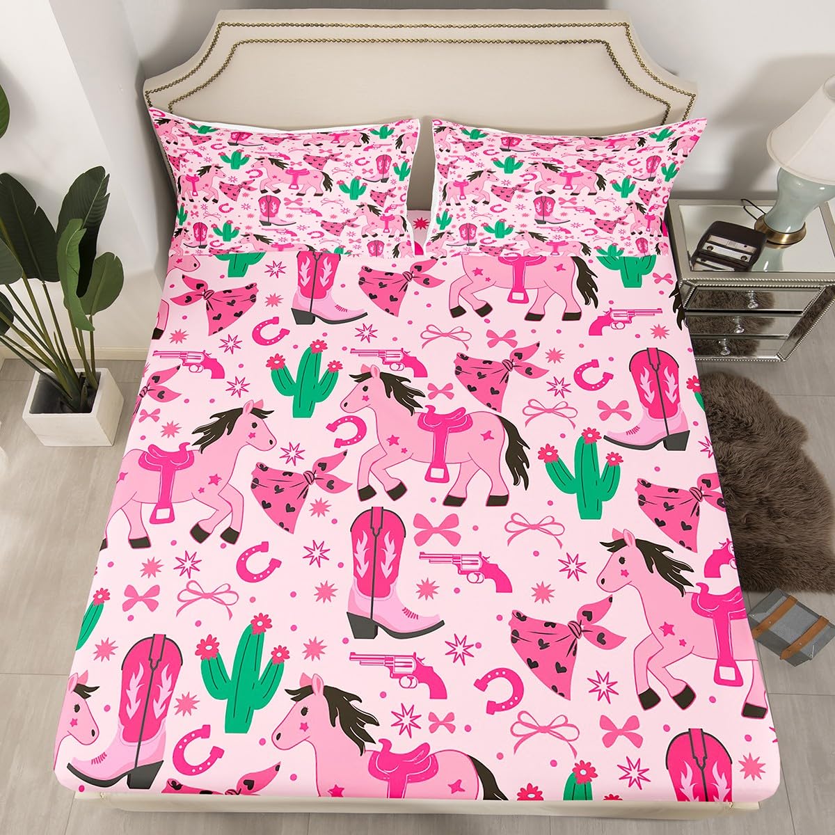 Feelyou Pink Howday Sheet Set for Kids Boys Girls Weatern Decor Sheets with Deep Pocket Fitted Sheet Queen Size Cute Horses Bed Sheets Set Bedroom Decor Riding Boots Bedding Set Pink Bow Bed Set 4Pcs