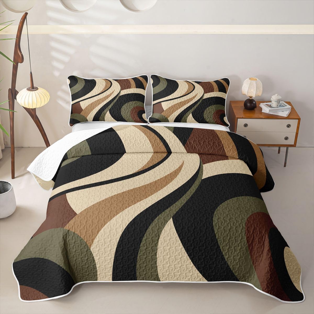 Erosebridal Green Brown Spiral Quilt Set for Adult Women Men Modern Swirls Stripes Abstract Quilt Twin Size for Minimalists Boho Coverlet Graffiti Art Lines Quilted Bedspread with 1 Pillowcase
