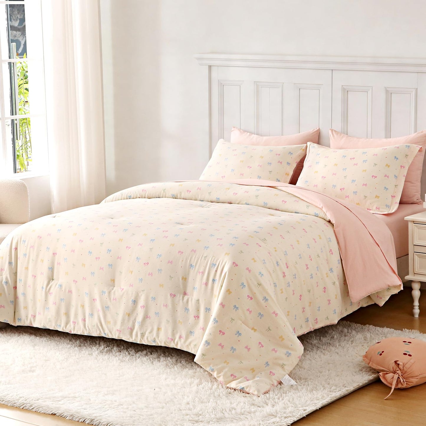 Wajade 7 Piece Colourful Bow Comforter Set for Girls Twin Size Cute Bedding Set Bed in A Bag (1 Comforter, 1 Flat Sheet, 1 Fitted Sheet, 2 Pillowcase and 2 Pillow Sham)