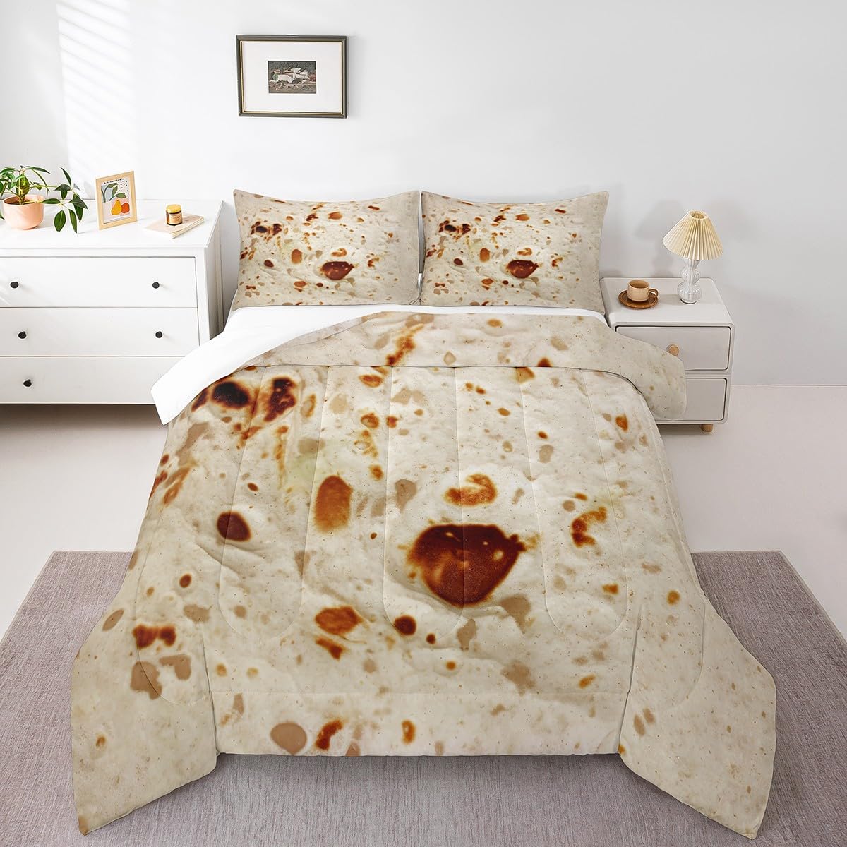 Feelyou Burritos Tortilla Bedding Set for Adult and Kids Ultra Soft Giant Funny Realistic Food Comforter Set Set Breathable Novelty Soft Flannel Taco Comforter Twin Size Quilted