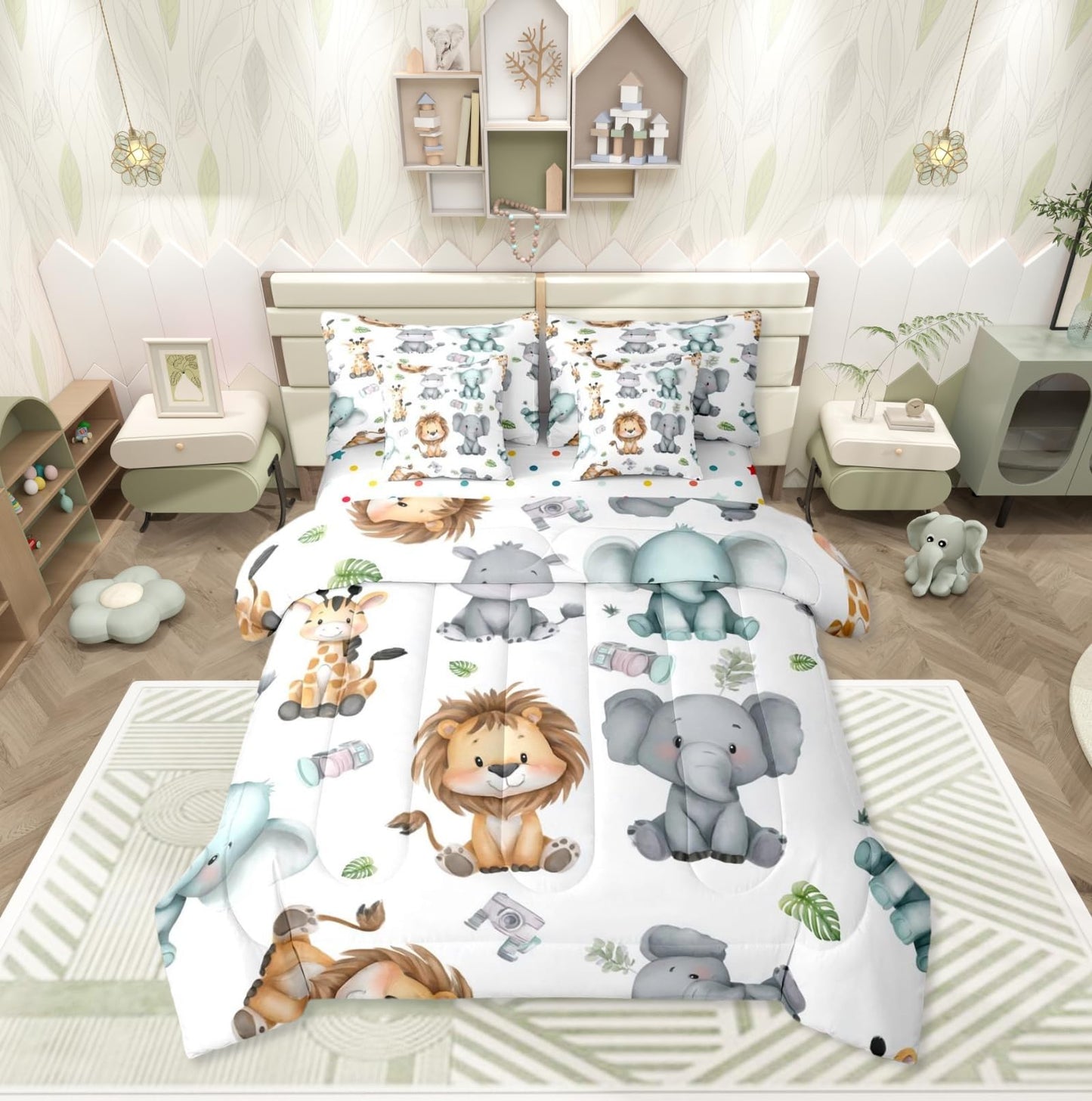 Erosebridal Cartoon Animals 7 Piece Comforter Set Twin for Nursery Child Bedroom | Cute Lion Elephant Hippo Bedding Set Tropical Bed Set Palm Tree Leaves Bed Sheets Kawaii Zoo Wildlife Quilt