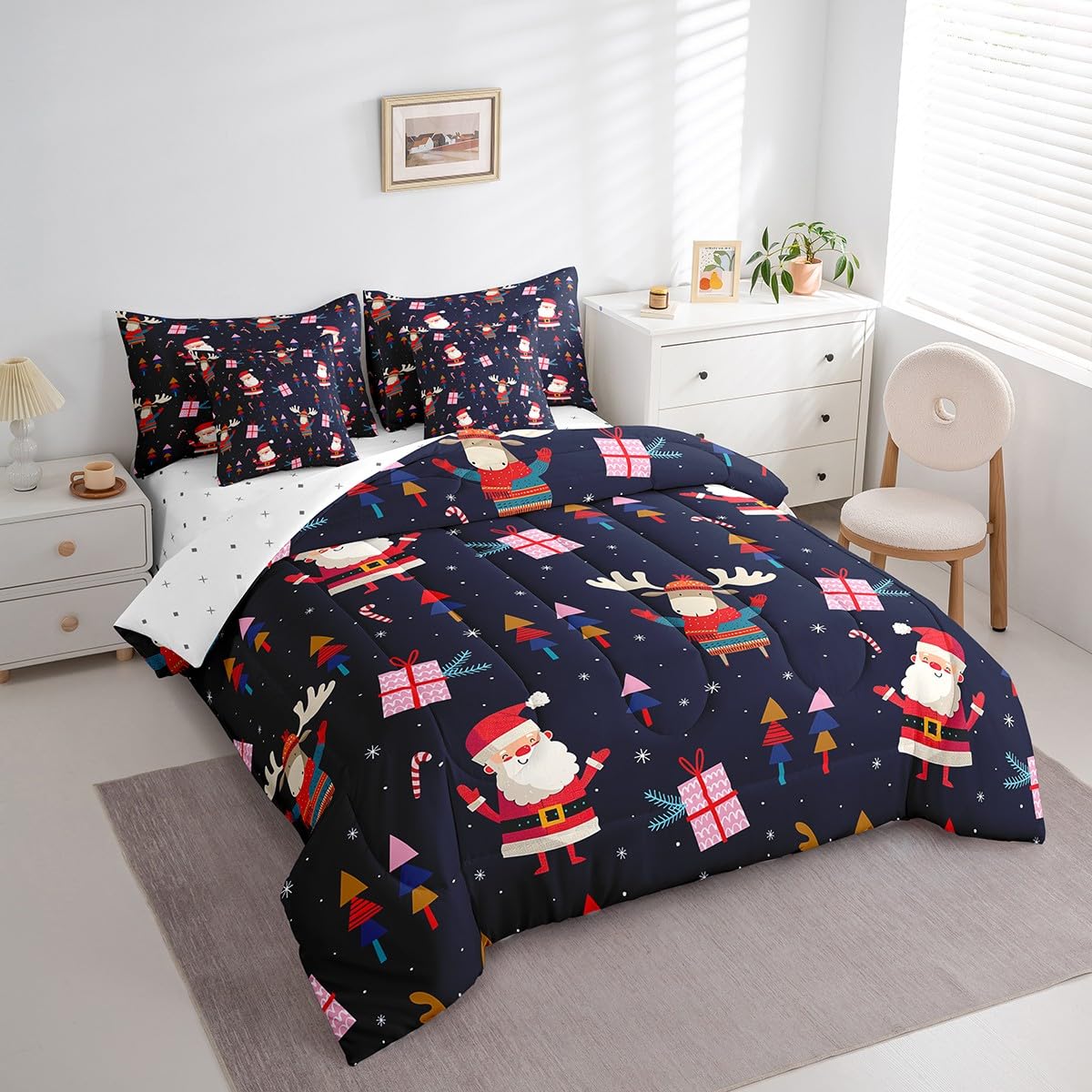 7 Piece Santa Claus Bed in a Bag Twin for Boys Girls Kids Christmas Sheet Set Christmas Themed Bedding Comforter Christmas Elk Decor Bed Sets Happy New Year Winter Themed Cushion Covers Blue