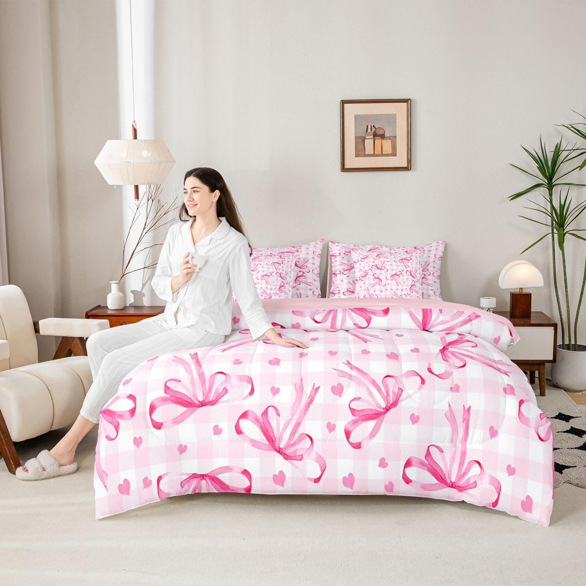 Erosebridal Pink Bow 7 Piece Comforter Set King Bowknot Ribbon Bedding Set for Girls Coquette Room Decor Plaid Grid Heart Pattern Bed in A Bag Bowtie Princess Soft Cozy Sheet Set with Comforter