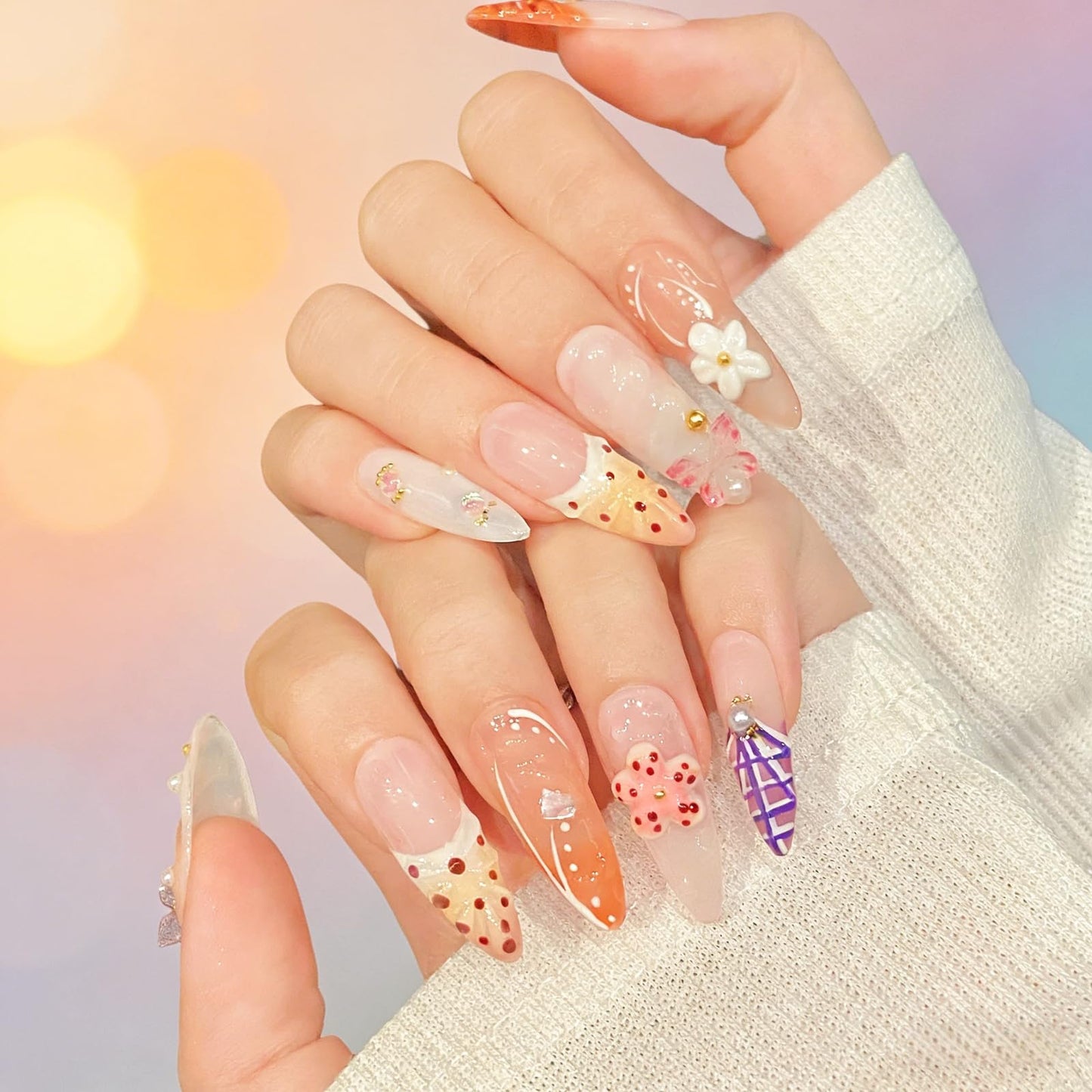 Tesytto Tropical Flower Press On Nails Long Almond, 3D Floral French Tip with Butterfly Design, Glossy Summer Fake Nails, Reusable Full Cover Acrylic Nails for Women (Tropical Flair,M)