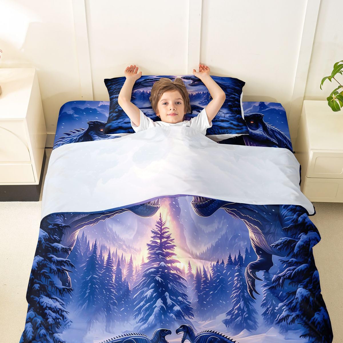 Feelyou Dinosaur Bed Sheets Set Twin Size 3D Digital Print Bed Set Jungle Dino Deep Pocket Fitted Sheet Wild Animal Breathable Soft Lightweight Microfiber Blue Purple