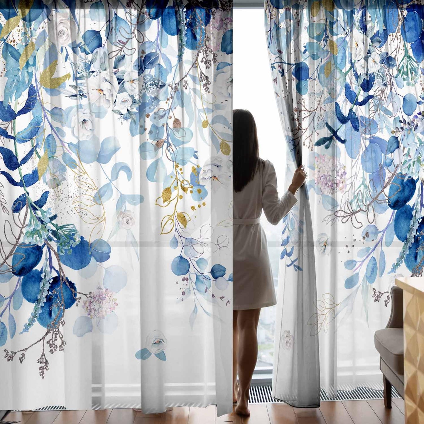 Blue Eucalyptus Curtains for Living Room 84" Length Watercolor Leaf Plant Spring Summer Blue and White Semi-Sheer Curtains for Bedroom Kitchen Windows,Botanical Nature Light Blue Gold Curtain, 2 Pack