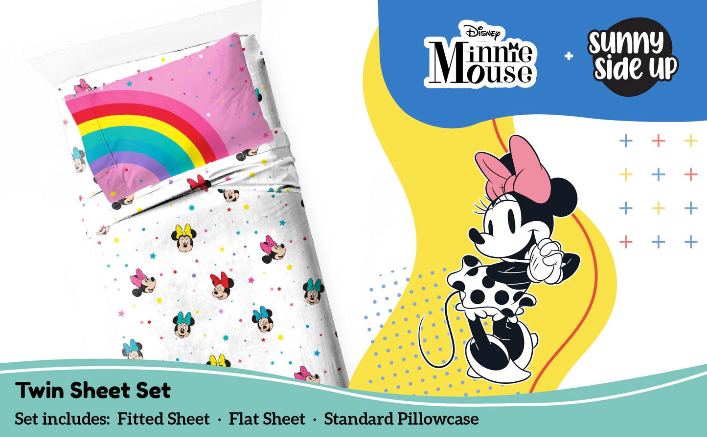 Sunny Side Up Disney Minnie Mouse Twin Sheet Set - 3 Piece Kids Bedding Set Includes Pillow Cover - Super Soft Rainbow Dots Microfiber Sheets