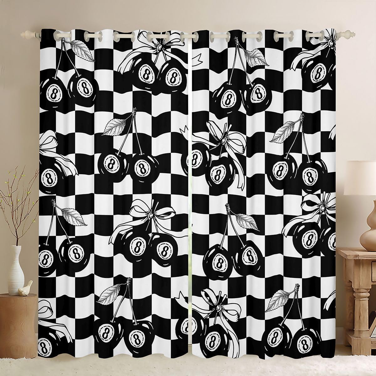 Erosebridal Black and White Checkered Blackout Curtains for Bedroom Y2K Lucky 8 Ball Window Curtains 2 Panels 42" Wx63 L Fashion Coquette Cherry Bow Drapes,Trendy Aesthetic Preppy Window Treatments