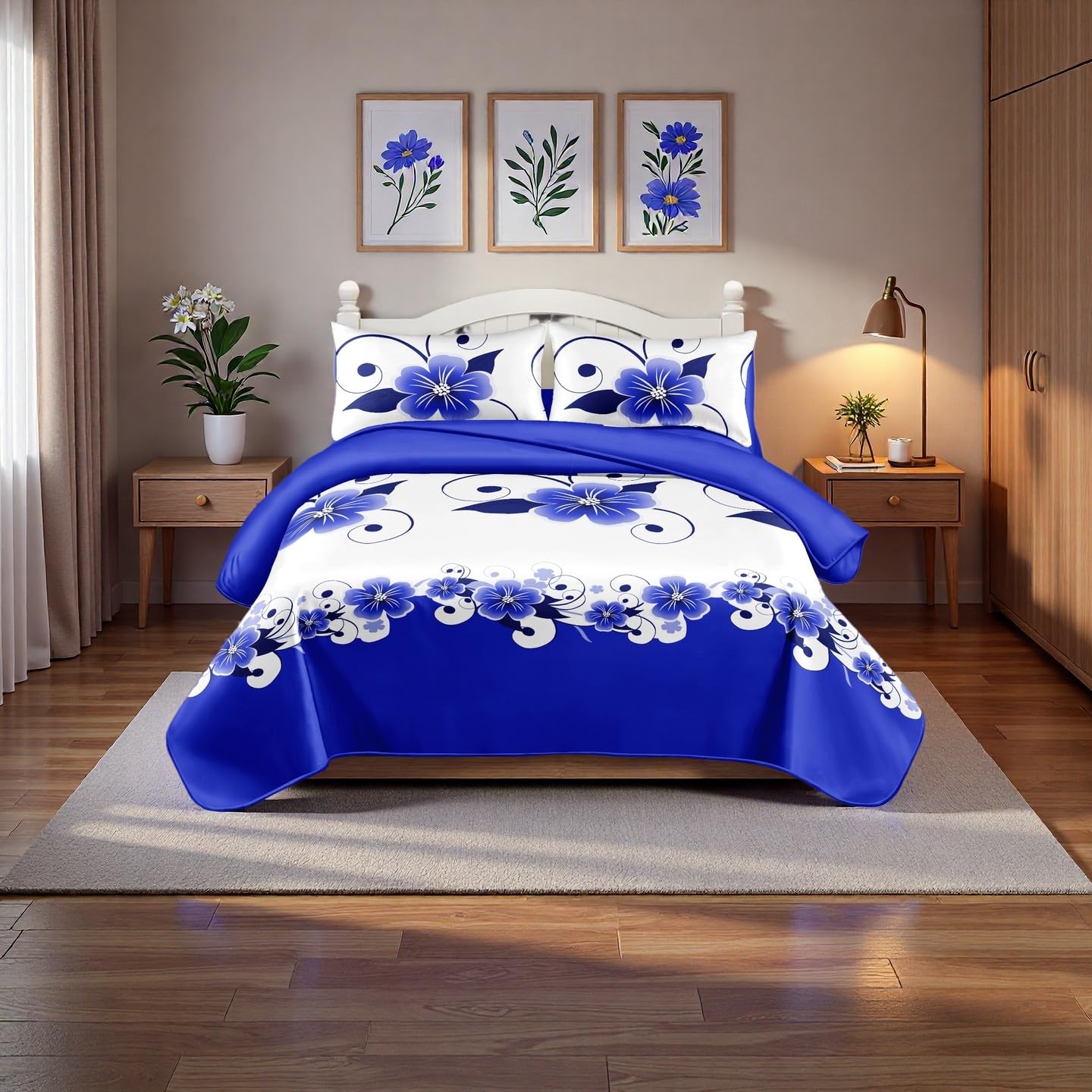 12-Piece Royal Blue Gardenia Duvet Cover Set King with Curtains, Floral Bed in a Bag King with Sheets, Matching Curtains Comforter Cover, Soft Microfiber Bedding Set Zipper Closure, Ideal Gift