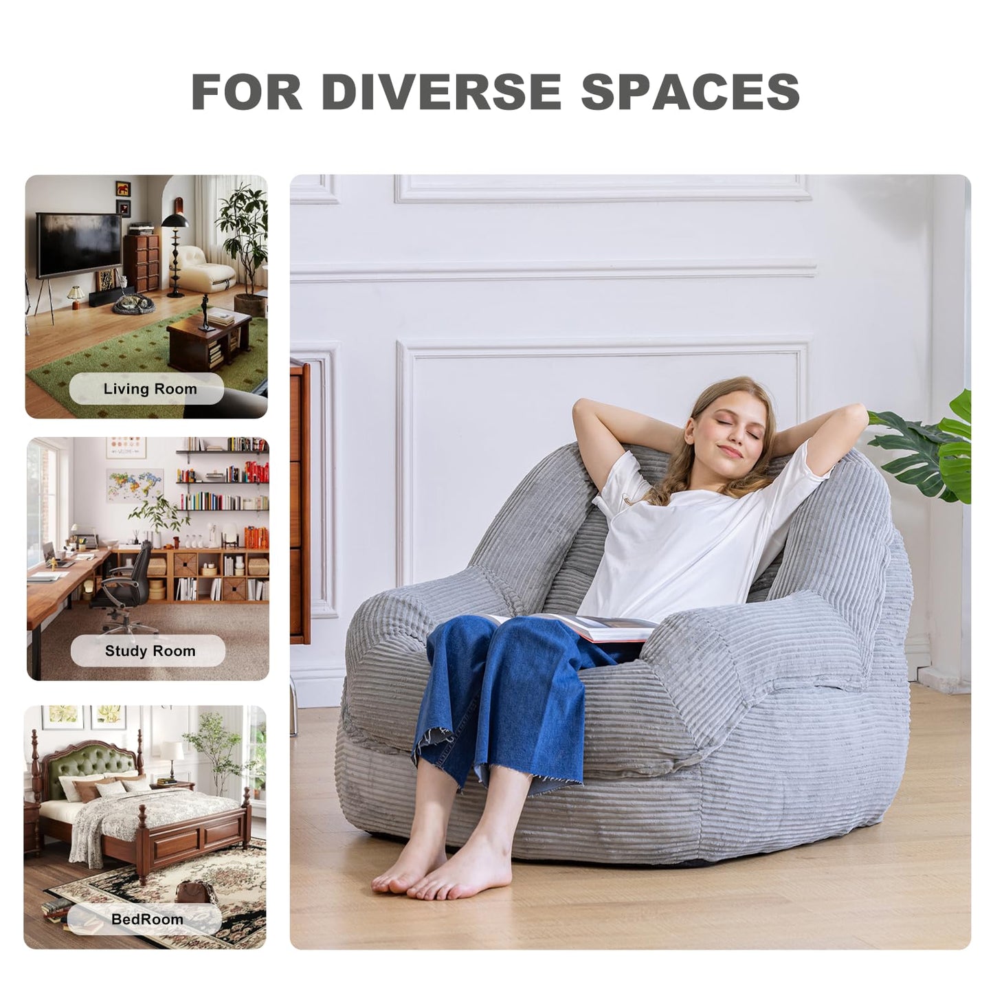 Giant Bean Bag Chair with Armrests - Oversized Cozy Seating for Adults, Corduroy Fabric & High-Resilience Foam Filling, Ideal Lounge for Living Room, Bedroom & Gaming Room (Grey)