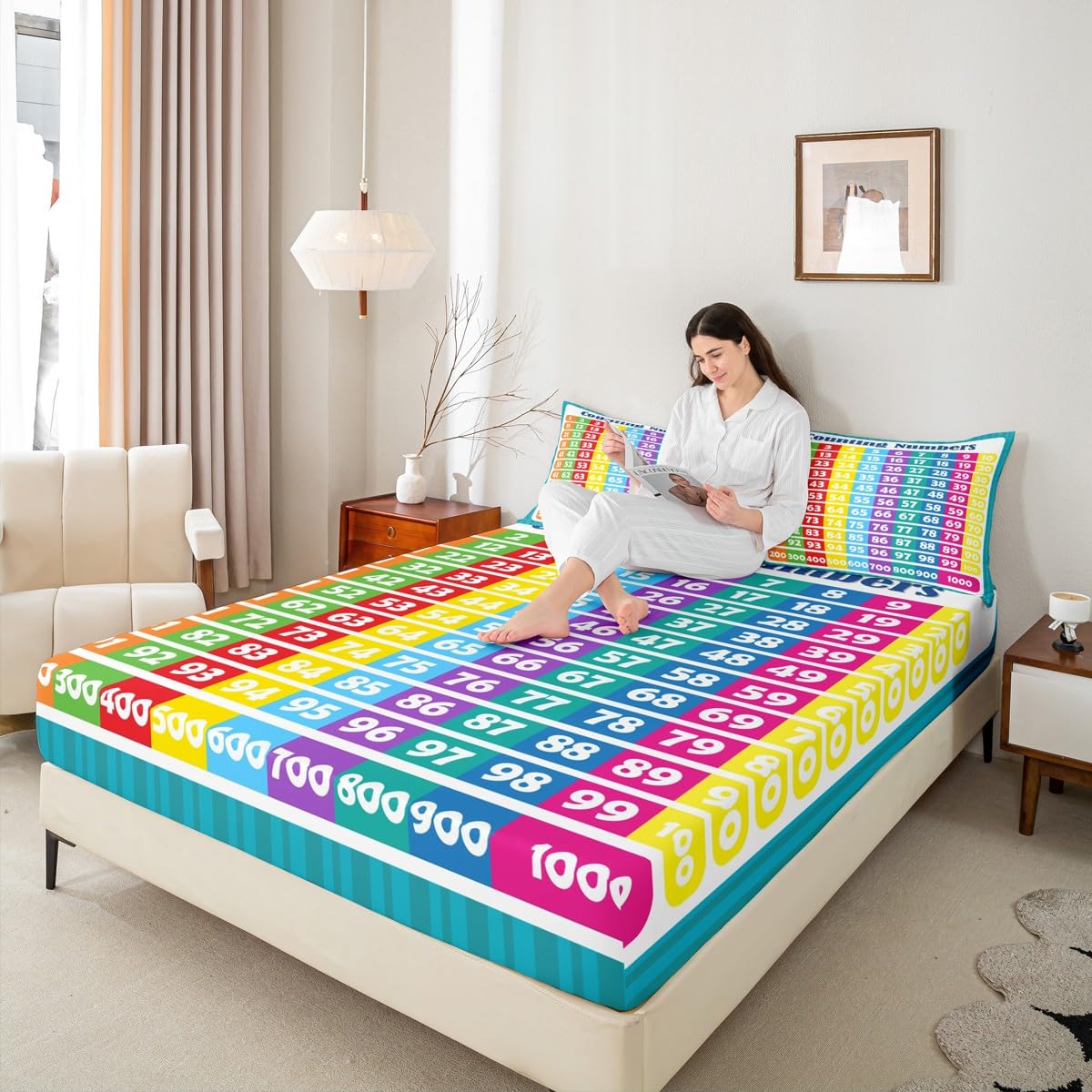Numbers Alphabet Fitted Sheet Twin, Educational Learning Bedding Set for Kids Boys Girls Numbers Bed Sheet Set Learning Time Bed Cover (1 Pillow Case and a Fitted Sheet)