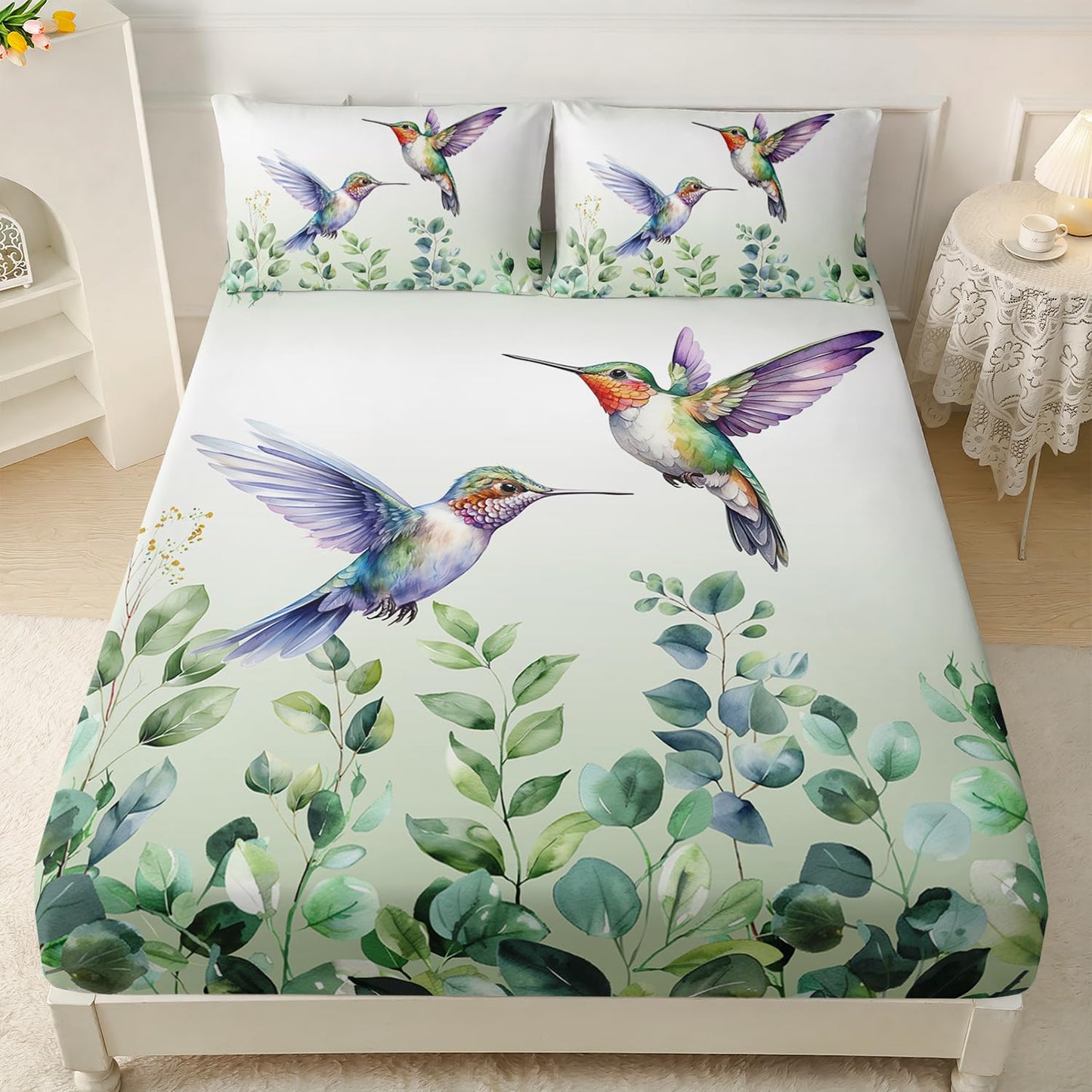 AILONEN Hummingbird Fitted Sheet Set Queen Size, Boho Green Forest Leaf Hummingbird Bedding Set for Kids Bedroom,Cute Birds Animals Themed Bedsheets Set,1 Fitted Sheet 2 Pillowcases,3-Piece