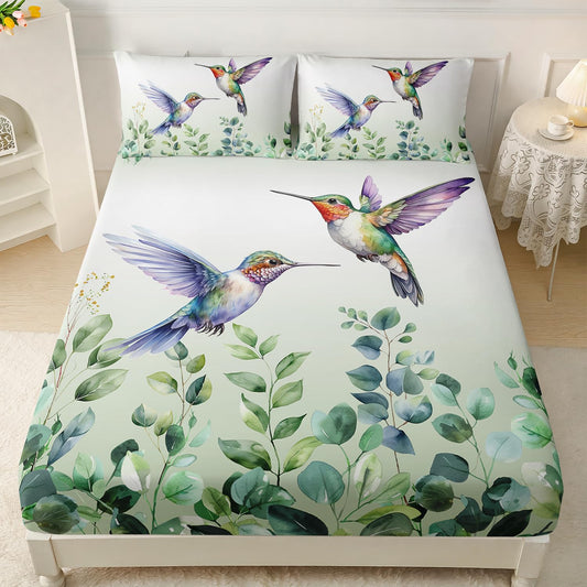 AILONEN Hummingbird Fitted Sheet Set Queen Size, Boho Green Forest Leaf Hummingbird Bedding Set for Kids Bedroom,Cute Birds Animals Themed Bedsheets Set,1 Fitted Sheet 2 Pillowcases,3-Piece
