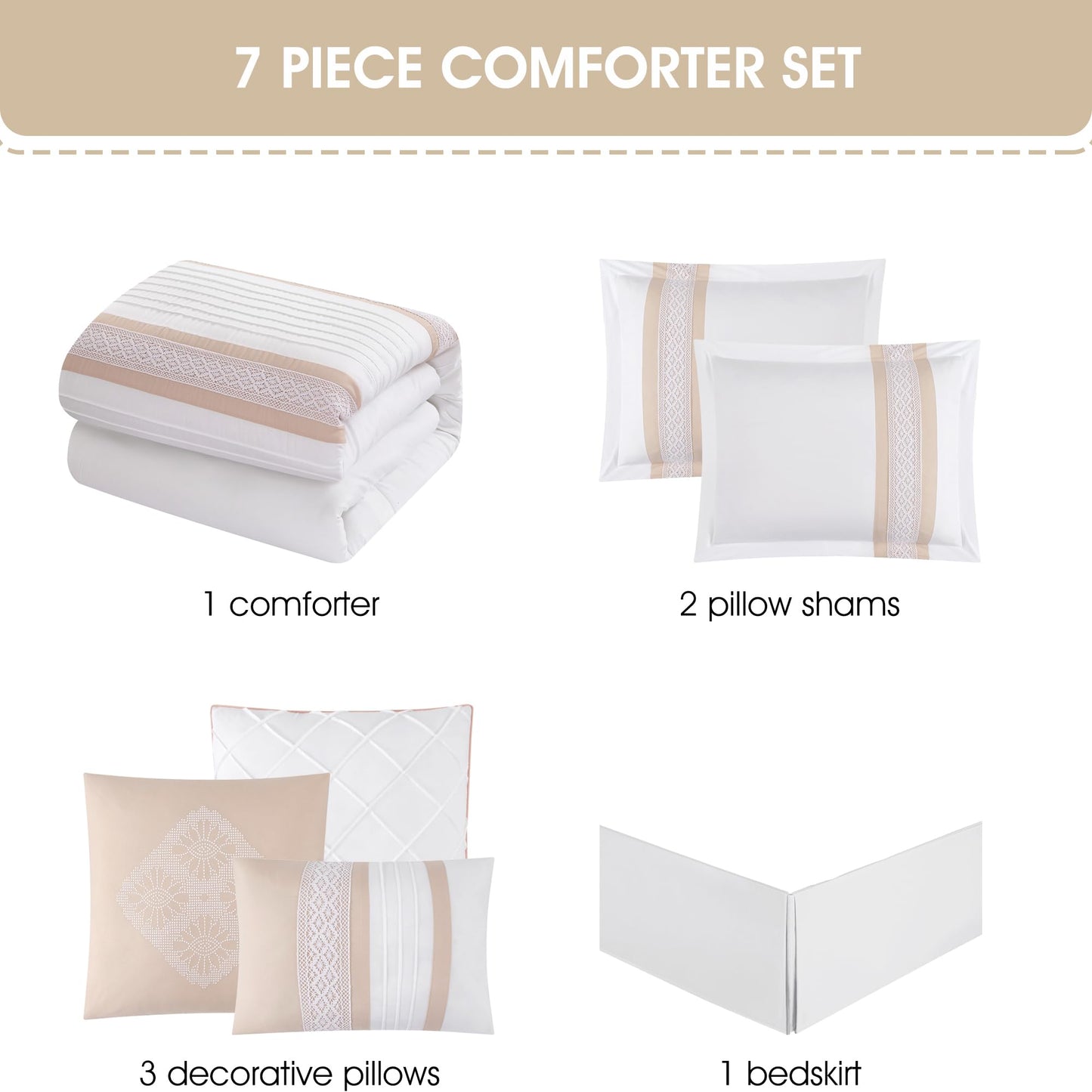 Stratford Park Striped 7 Piece Pink White Comforter Set, Queen Size Microfiber Bedding, All Season Bedding Set, Bed Skirt, Pillows & Shams