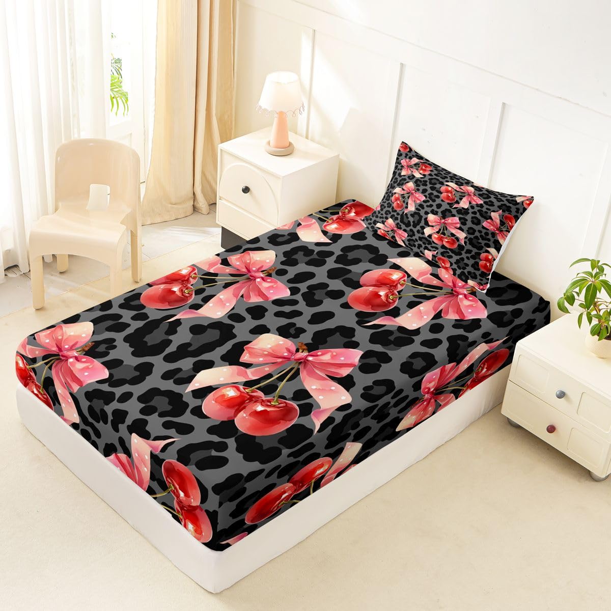 jejeloiu Black Cherry Bow Fitted Sheet Twin Size for Kids Boys Girls Leopard Print Bowknot Bed Sheets Set 16" Deep Pocket Dreamy Princess Bowknot Bedding with 1 Pillowcase Room Decor