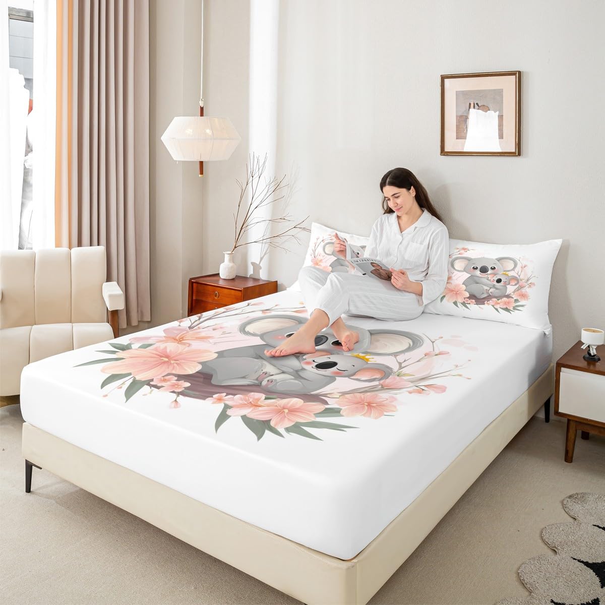 Erosebridal Koala Bear Bedding Set (No Flat Sheet), Cute Animal Bed Sheets Full Size, Lovely Family Pink Floral Fitted Sheet for Kids Boys Girls Bedroom, Botanical Branches Cartoon Pattern Bed Cover