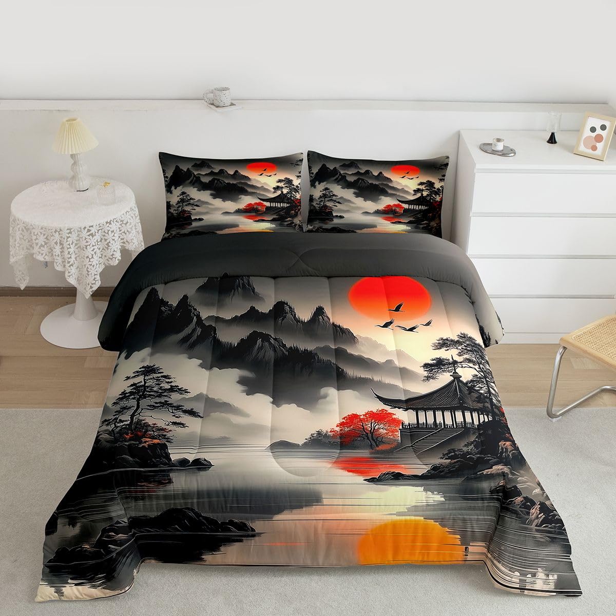 jejeloiu Chinese Ink Painting Comforter Set All Season Red Sun Bedding Set with 2 Pillow Cases Mountain Microfiber Kids Queen Bedclothes Japanese Style Bedroom Decor Duvet Quilt Breathable Soft