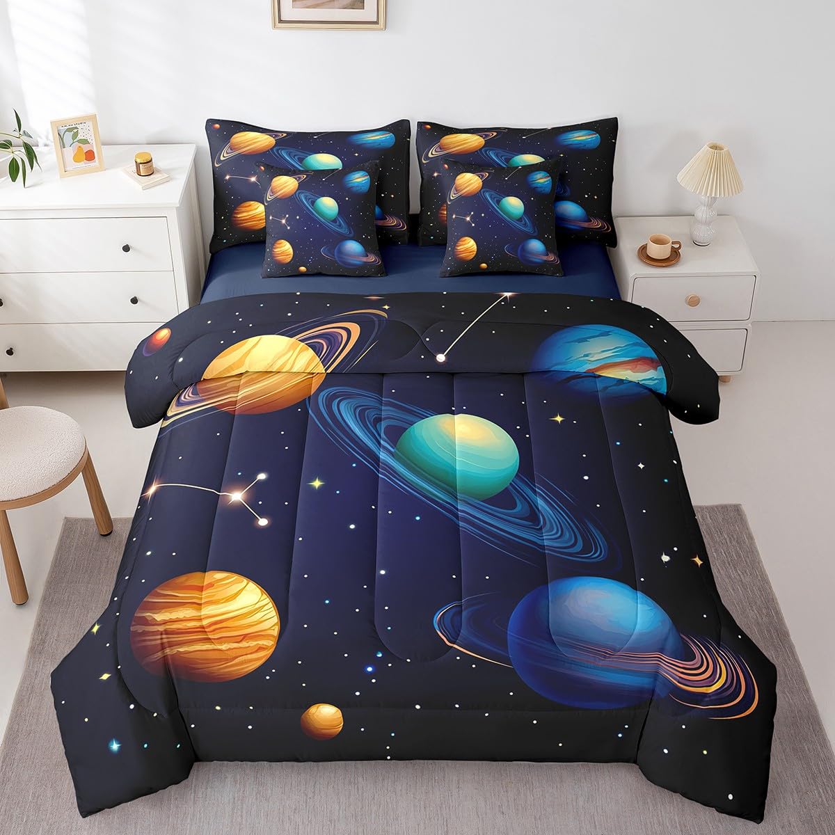Erosebridal Kids Galaxy Bed in A Bag with Sheets Teen Boys Outer Space Planet Bedding Set Solar System Twin Comforter Set 7 Piece Starry Sky Universe Stars Sheet Set with Comforter