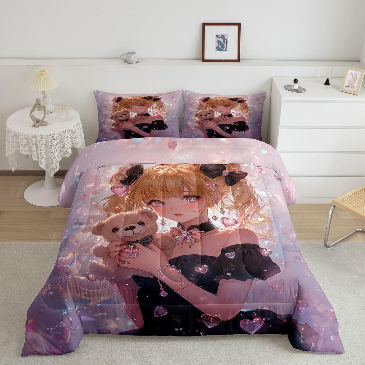 Erosebridal Bow Girls Twin Down Comforter Pink Kawaii Cartoon Anime Kids Comforter Set with 1 Pillow Case,Romantic Aesthetic Princess Bedding Set Japanese Style Girl Bed Set