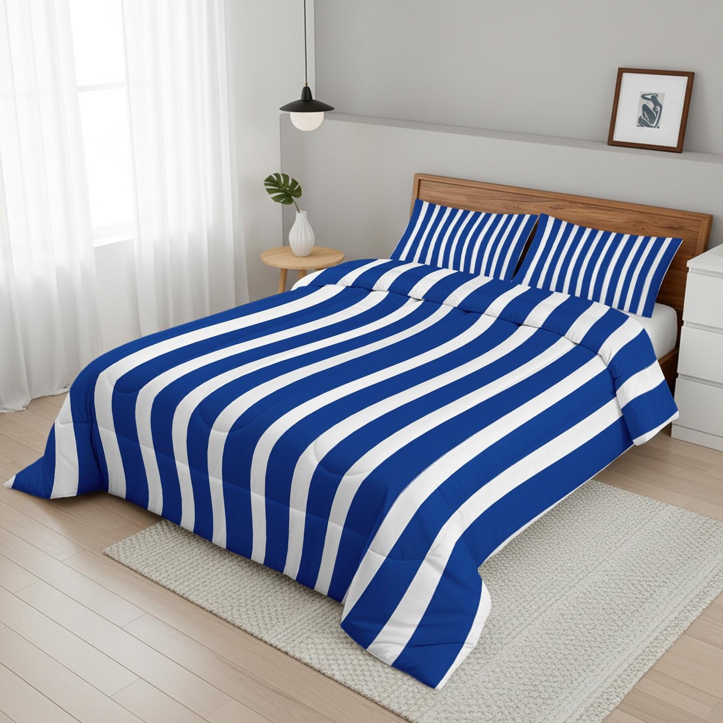 TANCAPRIUM Blue White Striped Comforter Set Twin - Nautical Bedding Set & 2 Pilow Cases for All Season - Soft Reversible Down Alternative 3 Piece. Striped Bedrom Decor