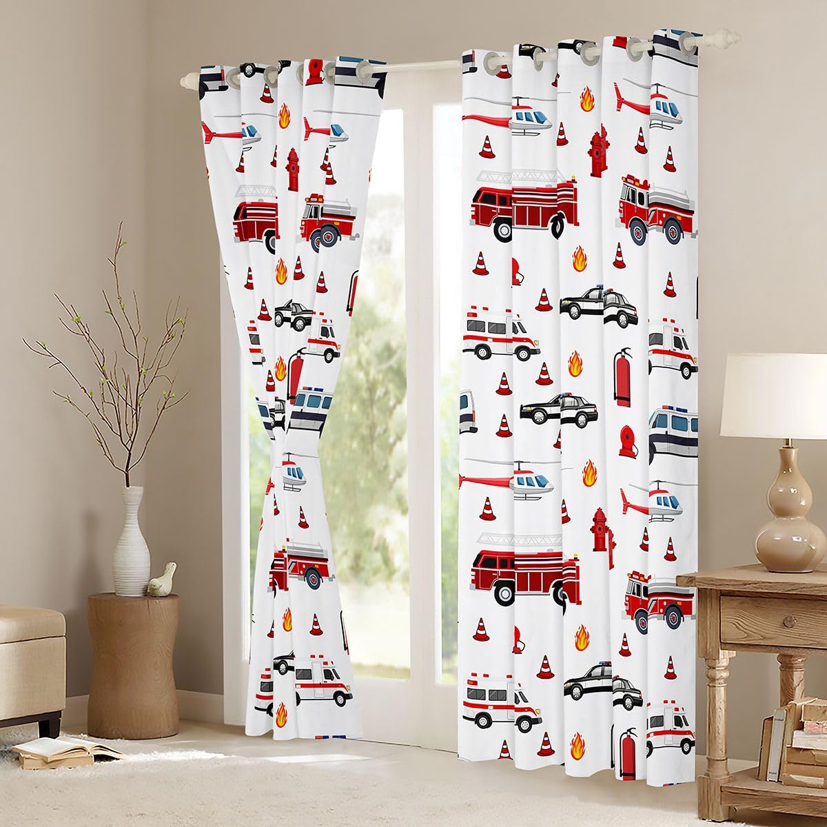 Feelyou Truck Curtains for Bedroom Living Room Fire Truck Blackout Shades Car Room Darkening Curtain Firefighter Window Treatments, 2 Panels 52 x 84 Inch Firemen Car Vehicle Decor